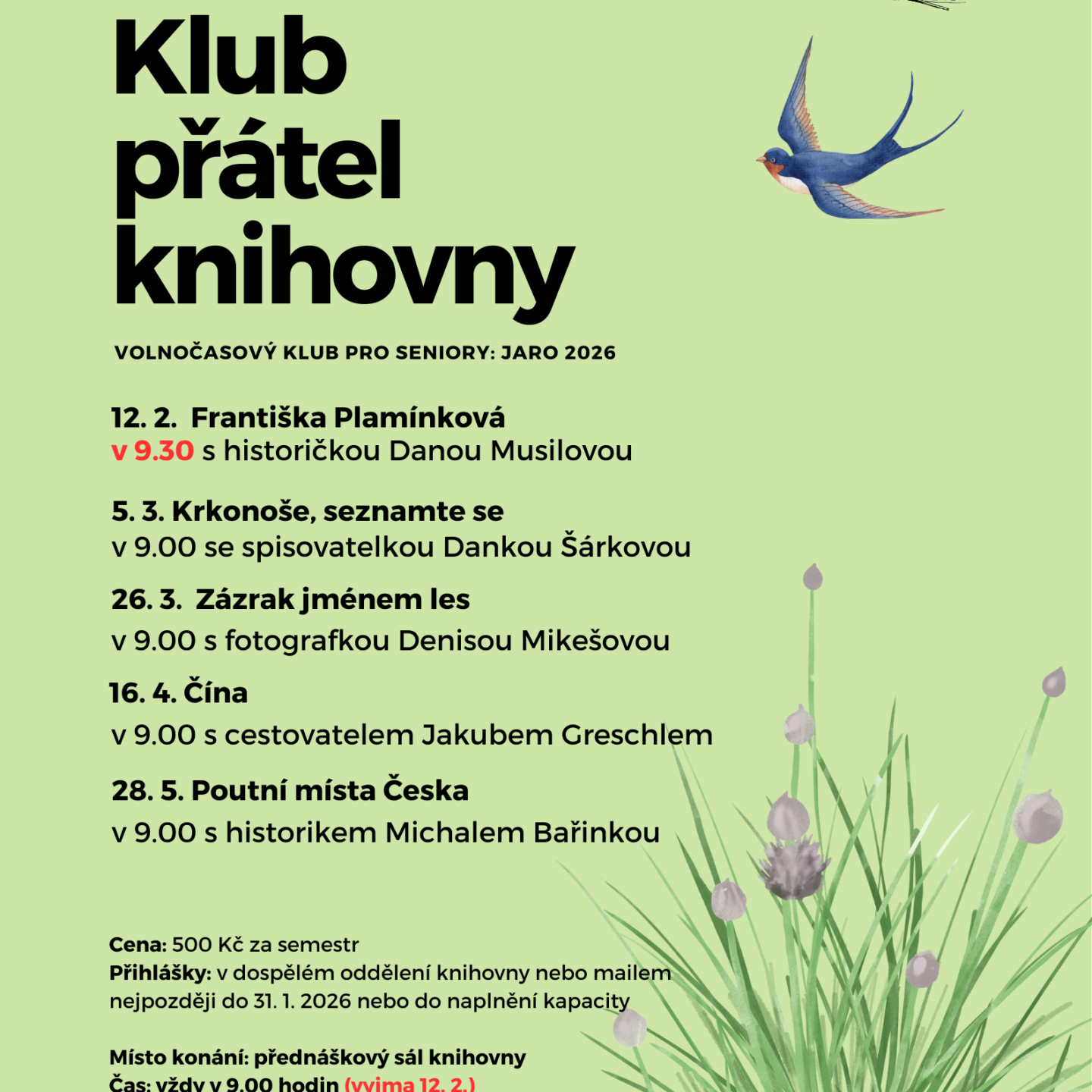 Program Klubu přátel knihovny – jaro 2026