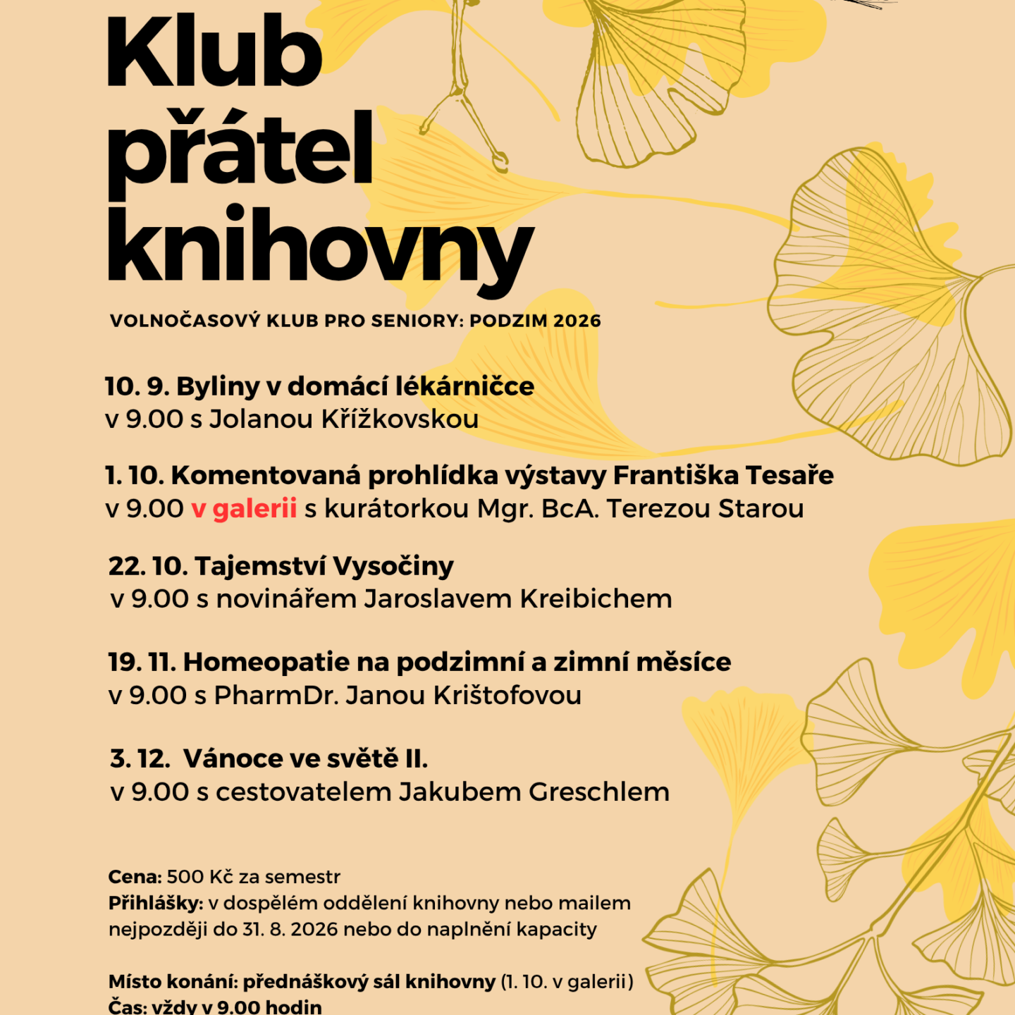 Program Klubu přátel knihovny na podzimní semestr 2026